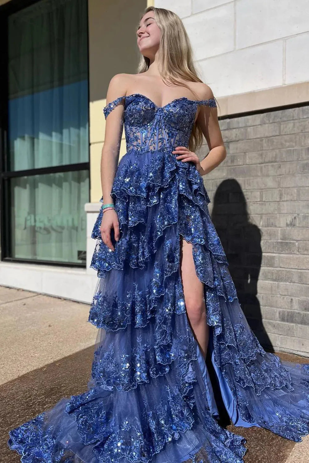 Wholesale Gorgeous Prom Dress A-Line Off The Shoulder Tiered With Split