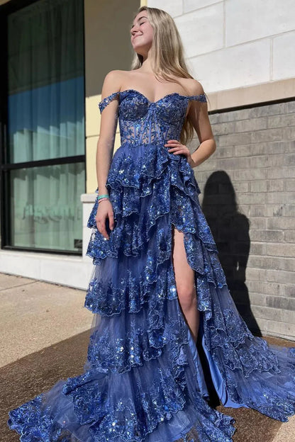 Wholesale Gorgeous Prom Dress A-Line Off The Shoulder Tiered With Split