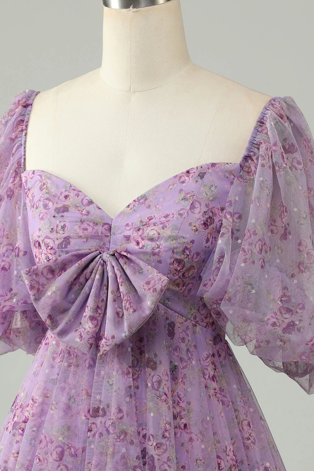 Wholesale Elegant A Line Homecoming DressTulle Bow Print Short With Puff Sleeves Purple