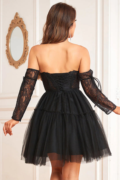 Wholesale A-Line Homecoming Dress Corset Detachable Long Sleeves Evening Dress Black