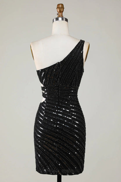 Wholesale Short Homecoming Dress Sparkly Bodycon One Shoulder Black Sequins with Cut Out Graduation Dresses