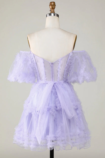 Wholesale Homecoming Dress Purple Stylish A Line Off the Shoulder Tulle Corset Evening Dress