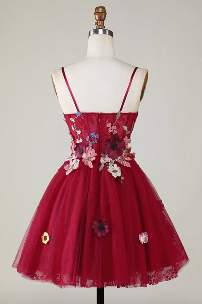 Wholesale Short Homecoming Dress Gorgeous A Line Spaghetti Straps Burgundy with 3D Flowers