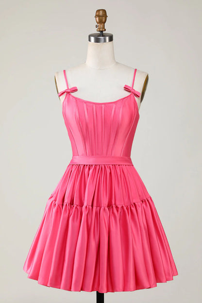 Wholesale A Line Homecoming Dress Cute Spaghetti Straps Corset Ruffle with Bows Fuchsia