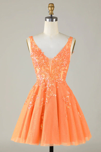 Wholesale A Line Short Homecoming Dress Glitter Orange V Neck Sequins Graduation Dresses