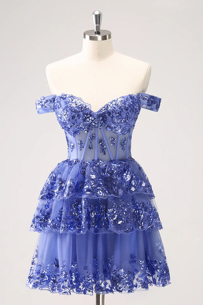 Wholesale Homecoming Dress with Sequins Sparkly A Line Off The Shoulder Corset Tiered Short