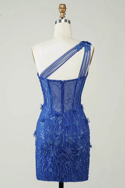 Wholesale Short Homecoming Dress Royal Blue Unique Sheath One Shoulder with Appliques