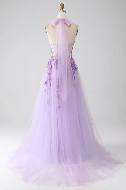 Wholesale A-Line Evening Dress Halter Neck Beaded Long Prom Dress Light Purple