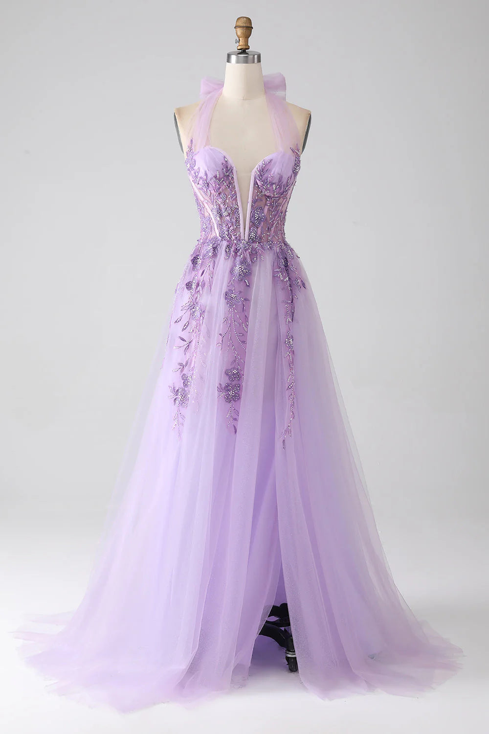 Wholesale A-Line Evening Dress Halter Neck Beaded Long Prom Dress Light Purple