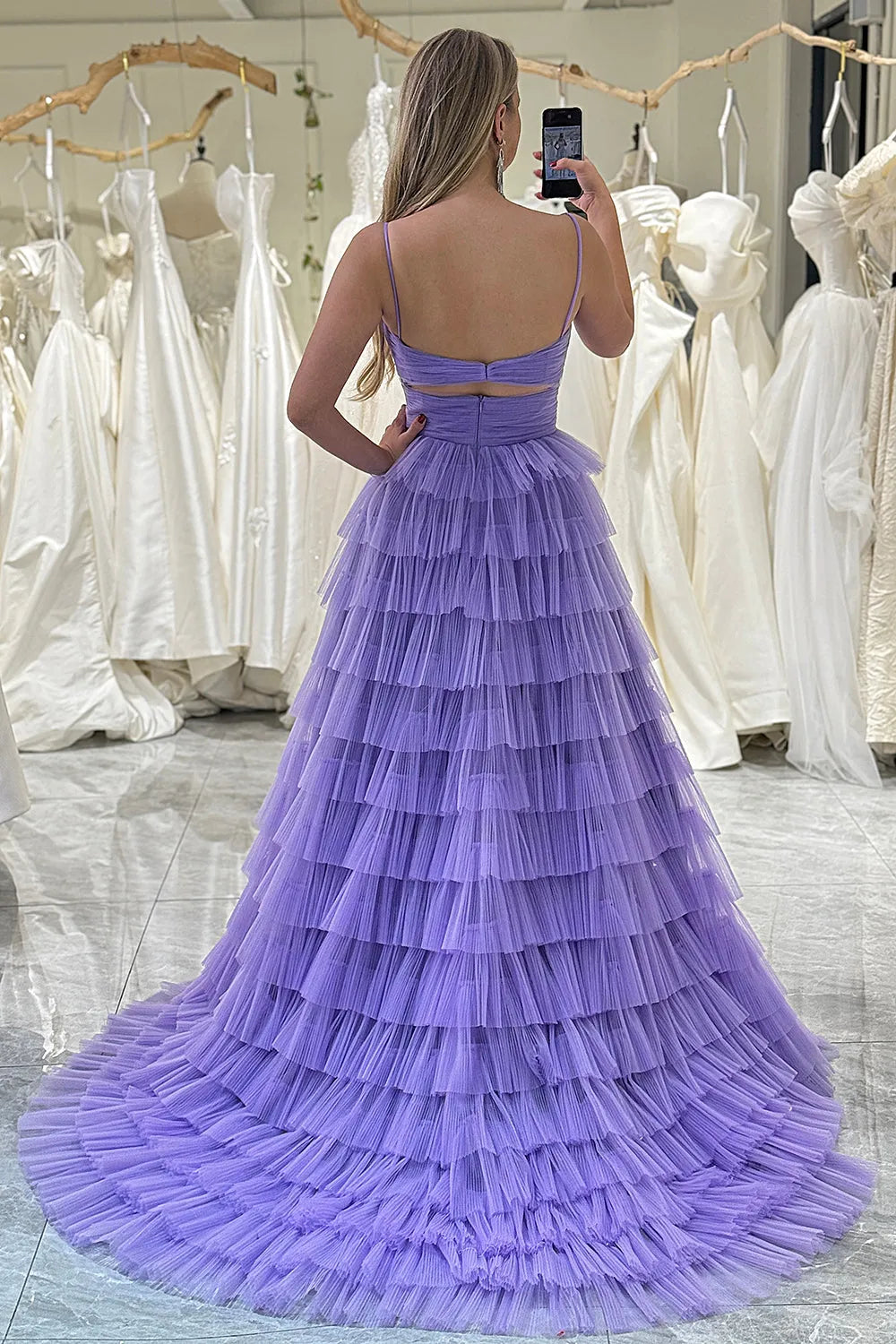 Wholesale Prom Dress Tulle A-Line Spaghetti Straps Tiered  With Slit