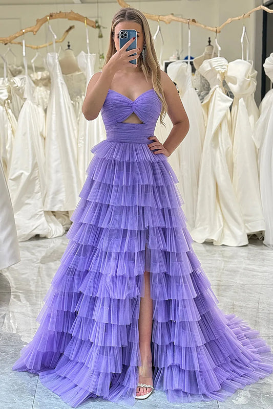 Wholesale Prom Dress Tulle A-Line Spaghetti Straps Tiered  With Slit