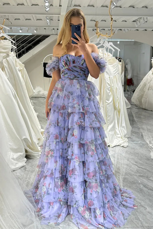 Aimishang Elegant Off The Shoulder A Line Tiered Long Prom Dress Charming Evening Party Dress