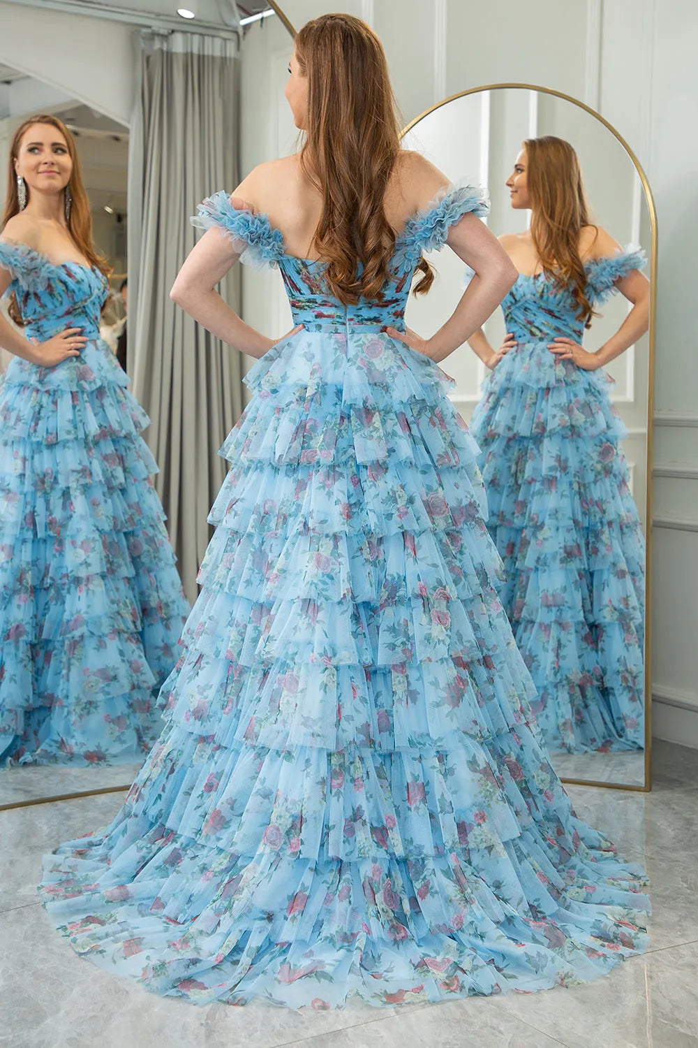 Wholesale Prom Dress A Line Off The Shoulder Long Tiered Print Tulle