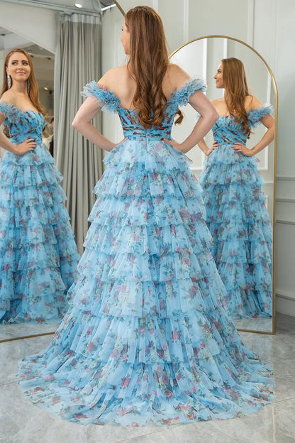 Wholesale Prom Dress A Line Off The Shoulder Tiered Print Tulle