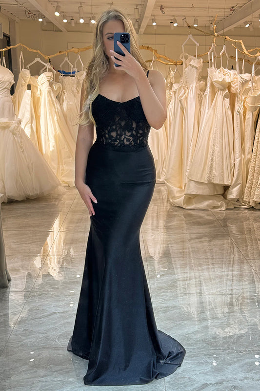 Wholesale Mermaid Evening Dress Spaghetti Straps Corset Prom Dress With Appliques Black