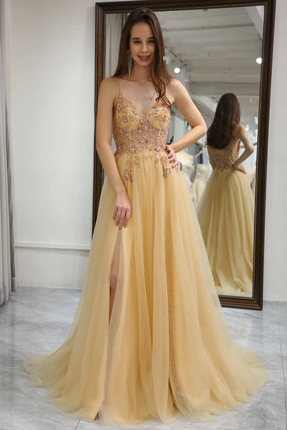 Wholesale A-Line Spaghetti Straps Long Tulle Prom Party Dress With Split