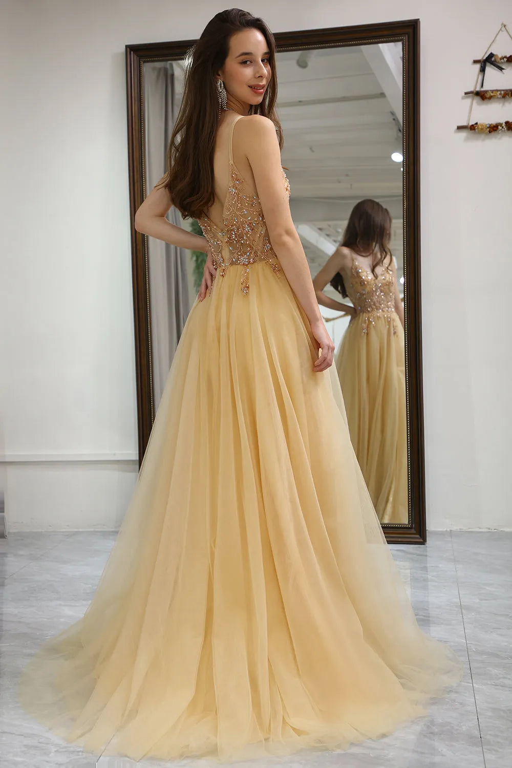 Wholesale A-Line Spaghetti Straps Long Tulle Prom Party Dress With Split