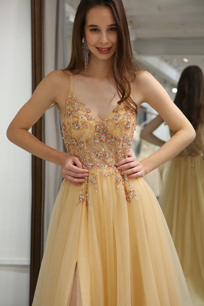 Wholesale A-Line Spaghetti Straps Long Tulle Prom Party Dress With Split