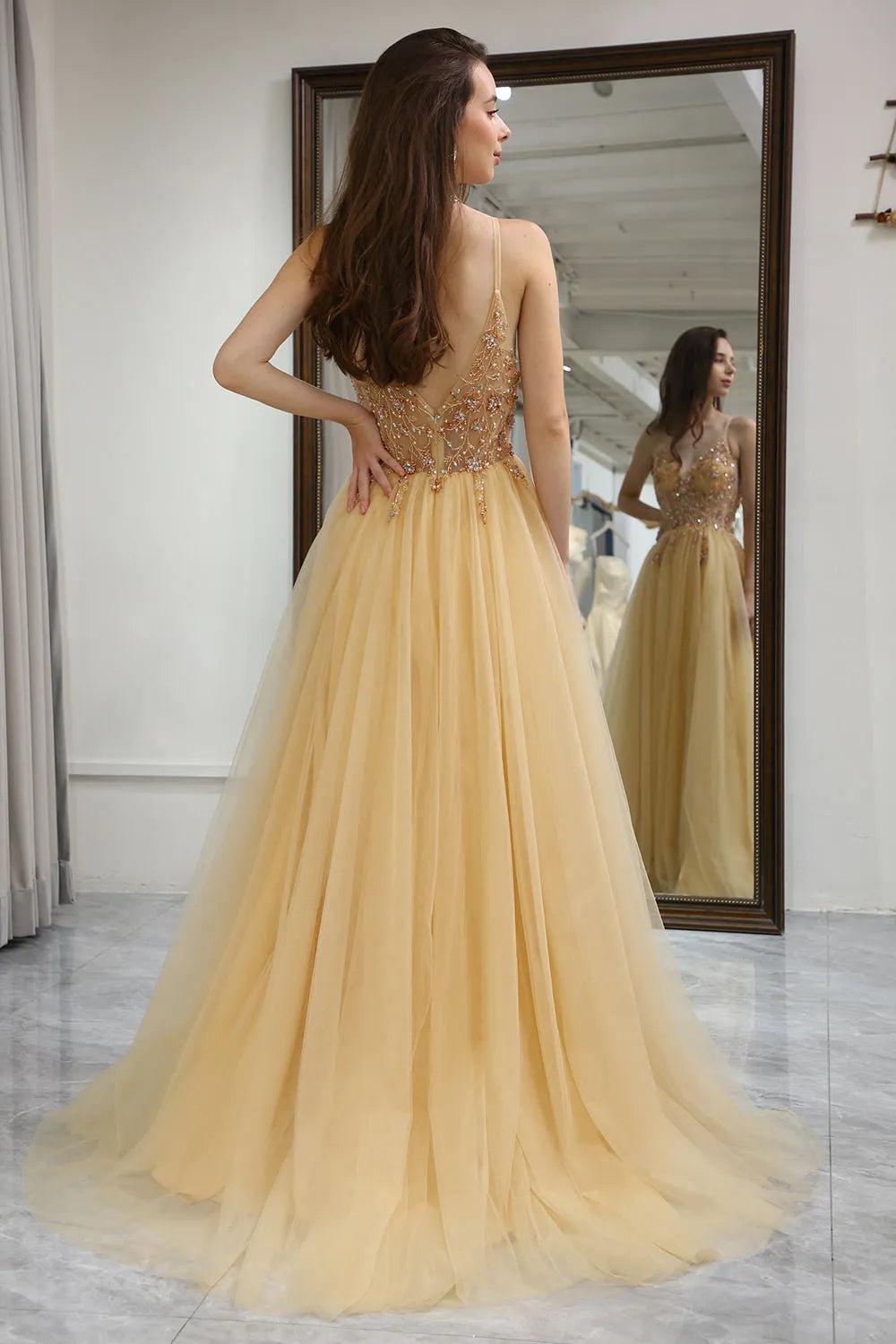 Wholesale A-Line Spaghetti Straps Long Tulle Prom Party Dress With Split