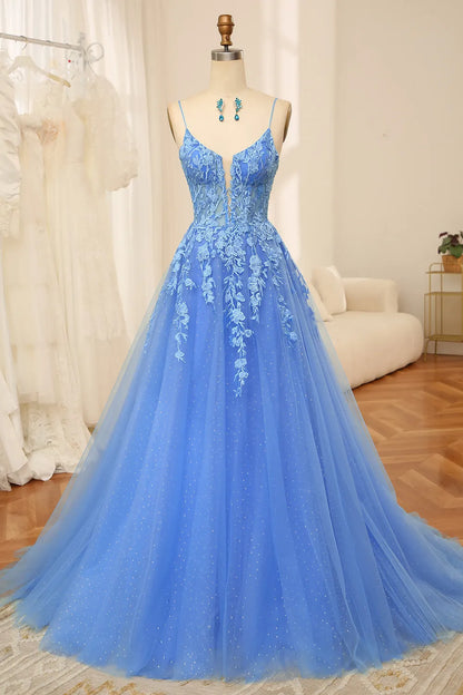 Wholesale Prom Dress A-Line Spaghetti Straps Zipper Back Tulle With Appliques