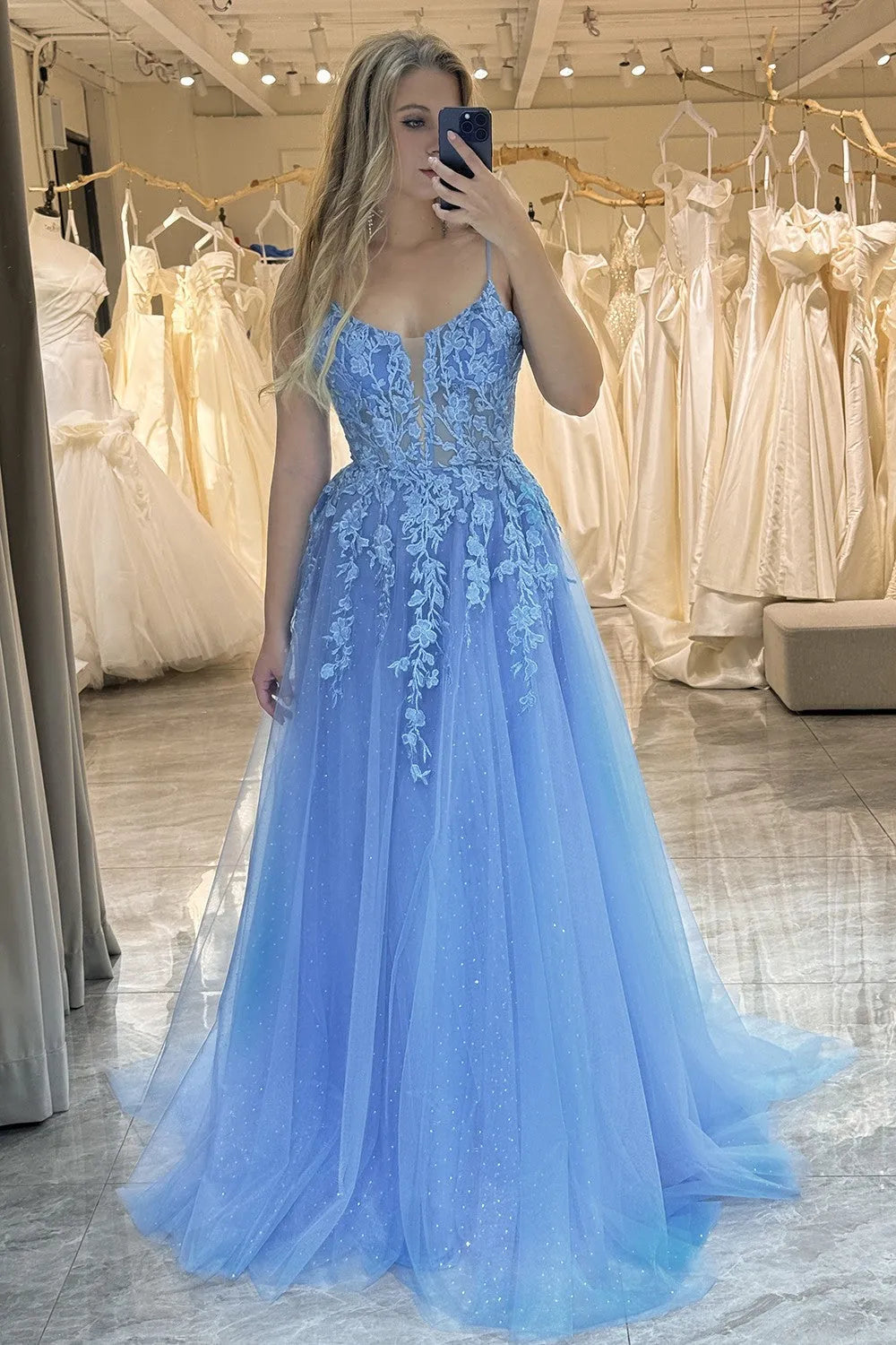 Wholesale Prom Dress A-Line Spaghetti Straps Zipper Back Tulle With Appliques