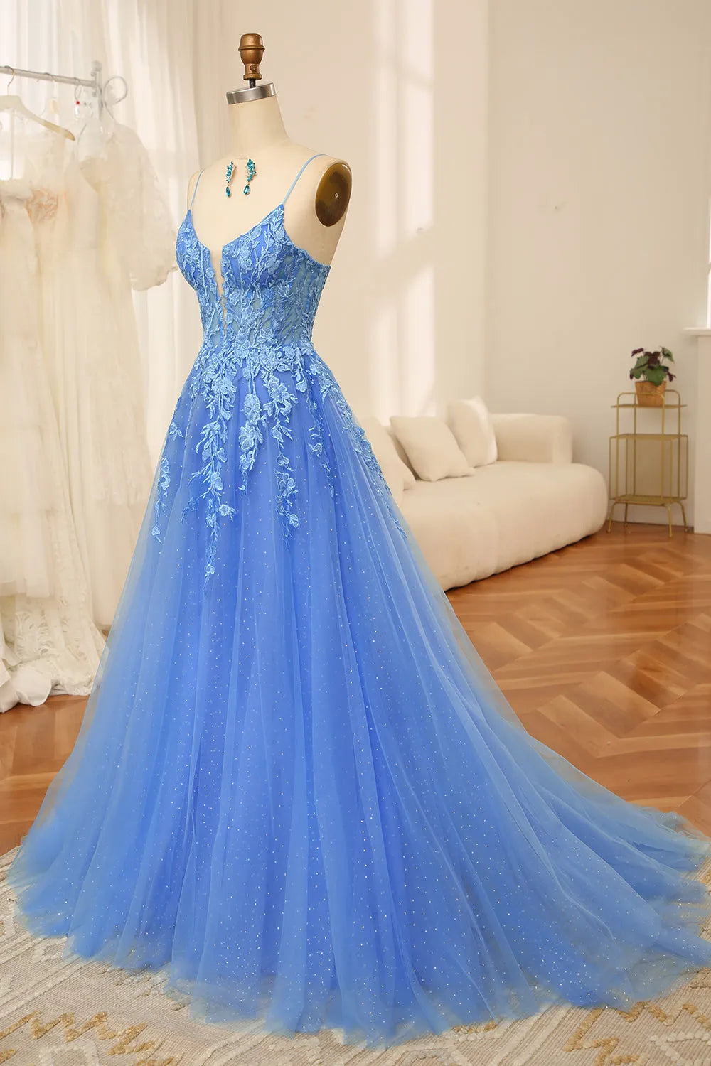 Wholesale Prom Dress A-Line Spaghetti Straps Zipper Back Tulle With Appliques