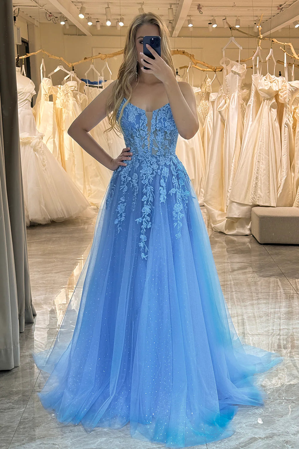 Wholesale A-Line Evening Dress Spaghetti Straps Tulle Long Blue Prom Dress With Appliques