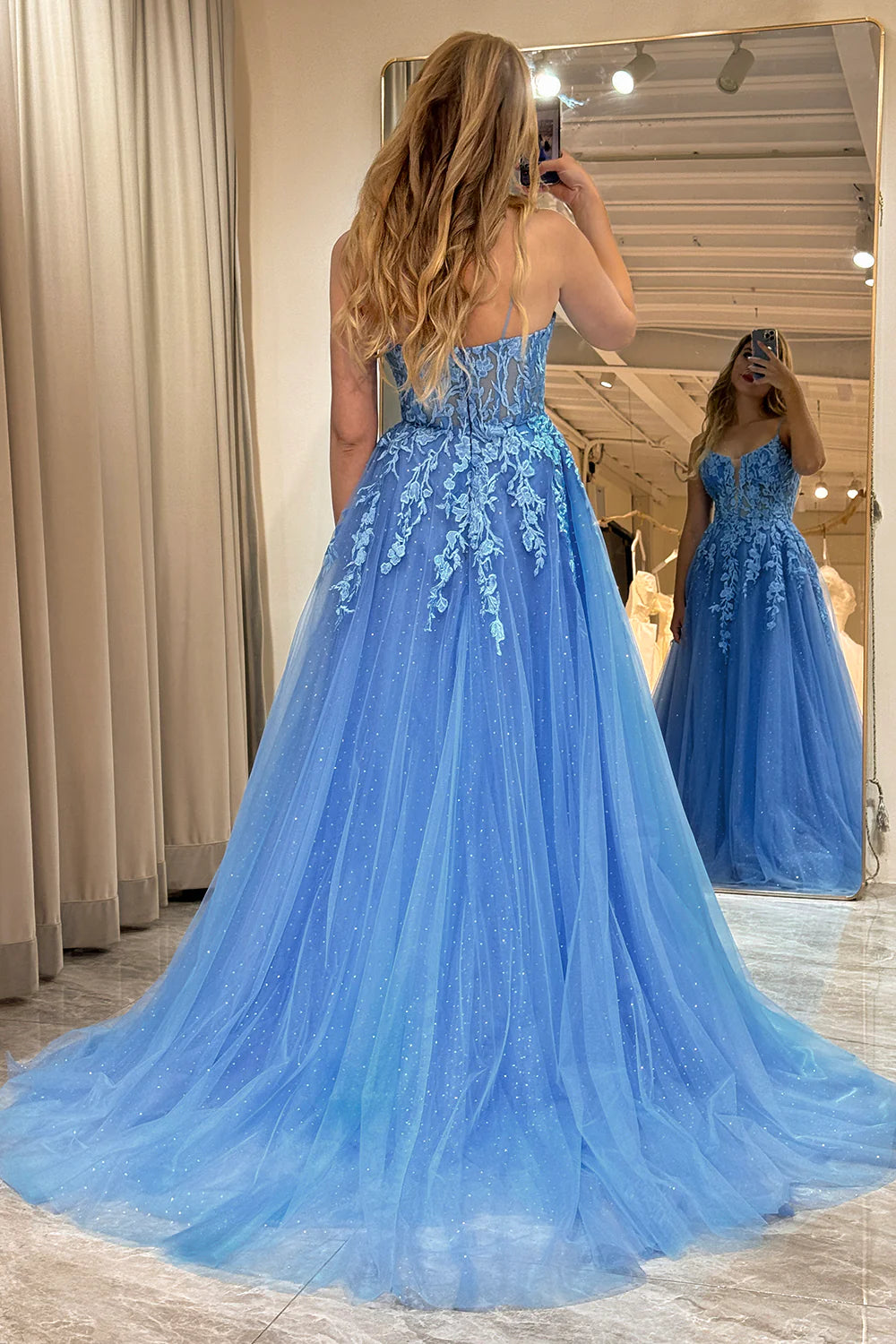 Wholesale A-Line Evening Dress Spaghetti Straps Tulle Long Blue Prom Dress With Appliques