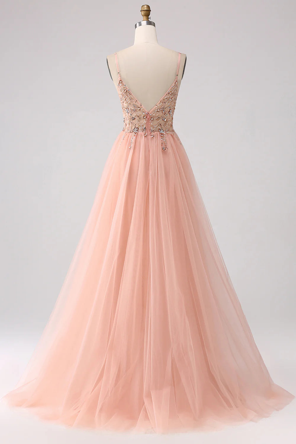 Wholesale A-Line Evening Dress Spaghetti Straps Beaded Long Prom Dress With Slit Sparkly Blush