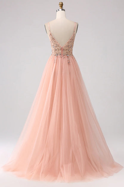 Wholesale A-Line Evening Dress Spaghetti Straps Beaded Long Prom Dress With Slit Sparkly Blush