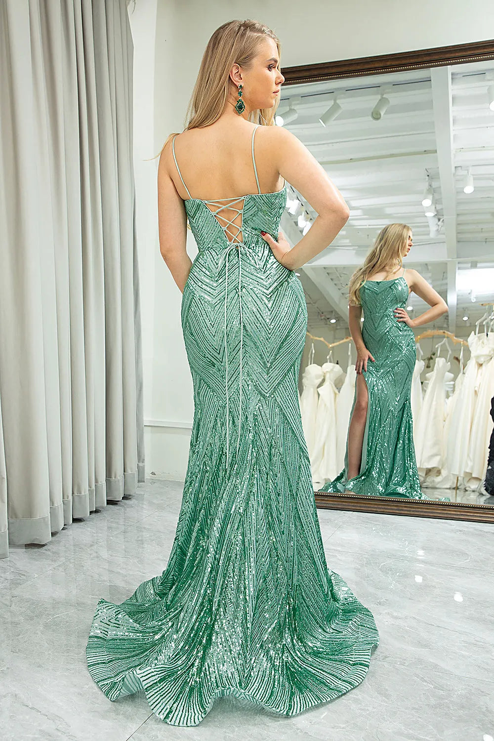 Wholesale Sparkly Mermaid Lace Up Back Prom Dress With Slit