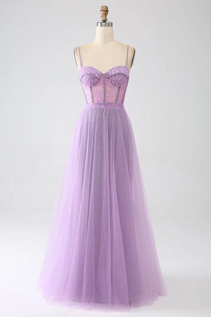 Wholesale A-Line Lilac Evening Dress Spaghetti Straps Long Corset Prom Dress