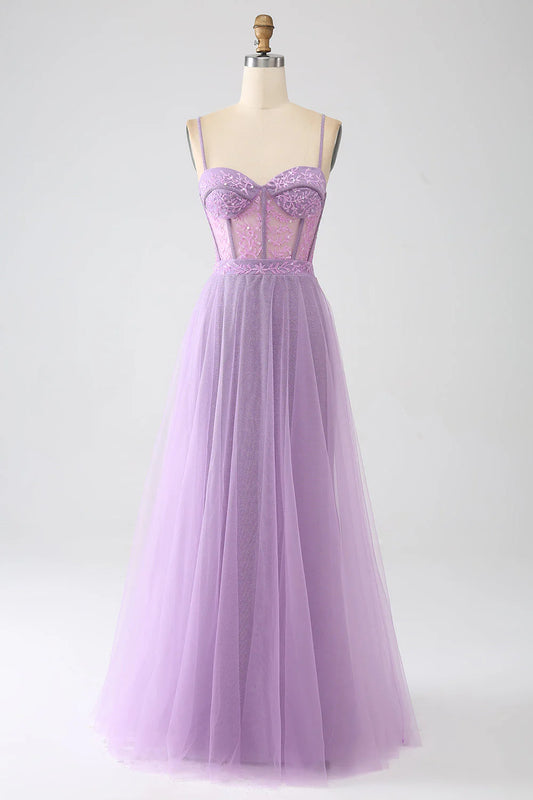 Wholesale A-Line Lilac Evening Dress Spaghetti Straps Long Corset Prom Dress