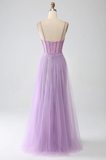 Wholesale A-Line Lilac Evening Dress Spaghetti Straps Long Corset Prom Dress