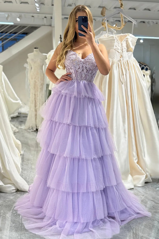 Wholesale Prom Dress Elegant A-Line Double Straps Tiered Tulle