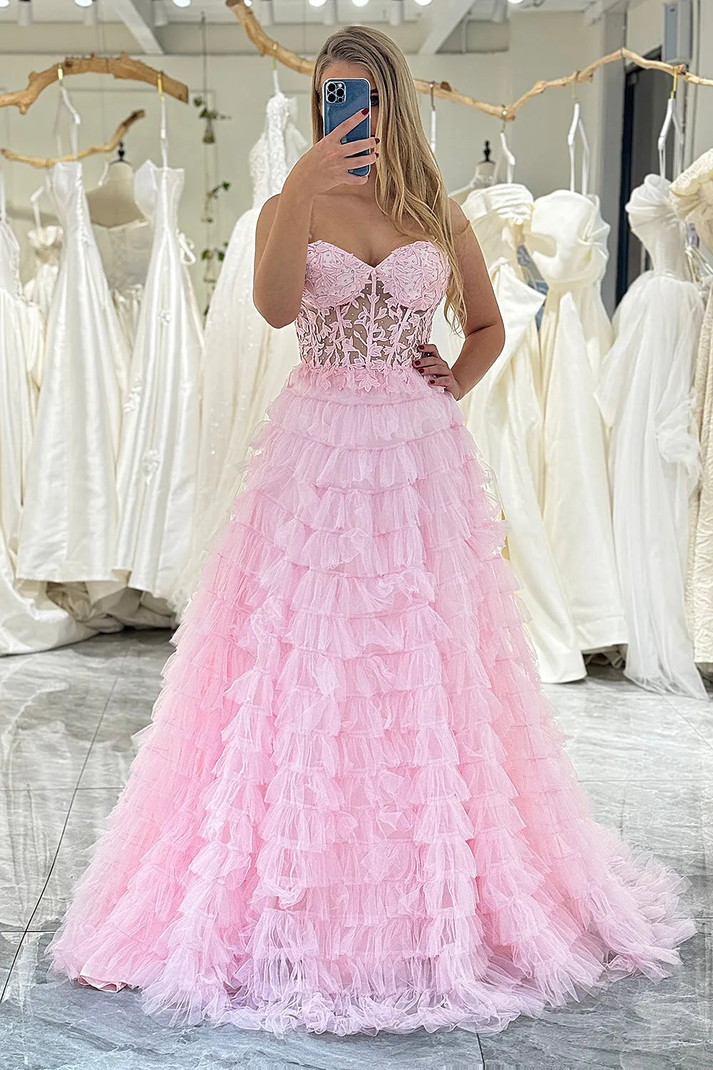 Wholesale A-Line Prom Dress Sweetheart Lace Up Long Ruffle Tulle