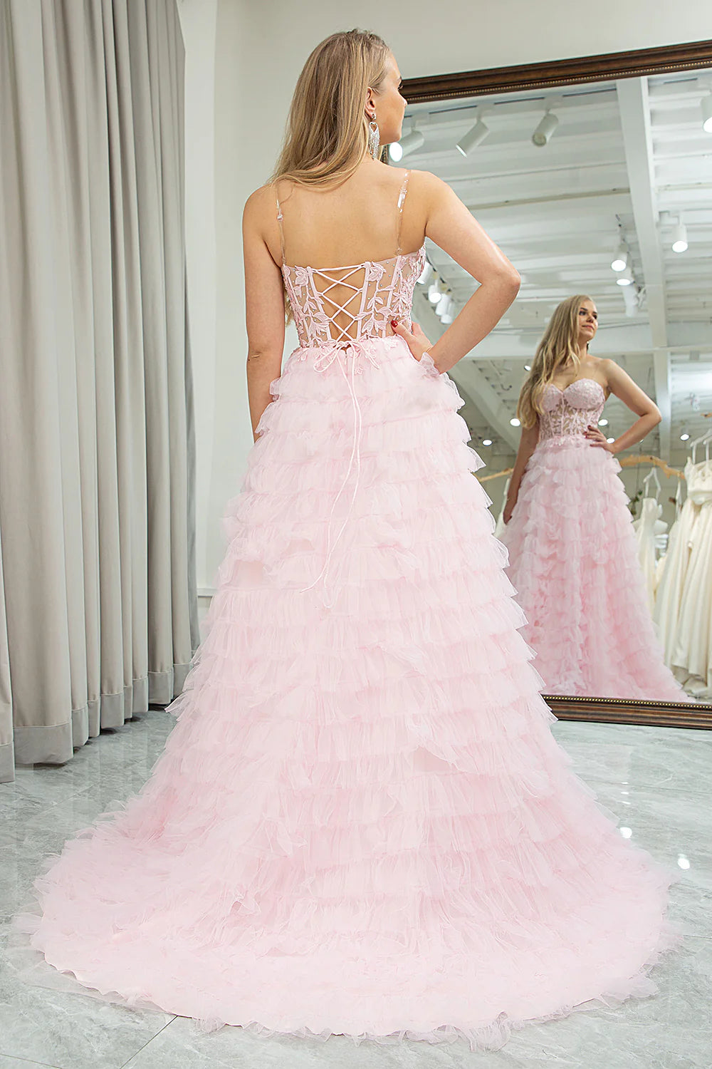 Wholesale Princess Pink A Line Evening Dress Sweetheart Pleated Tiered Long Prom Dress