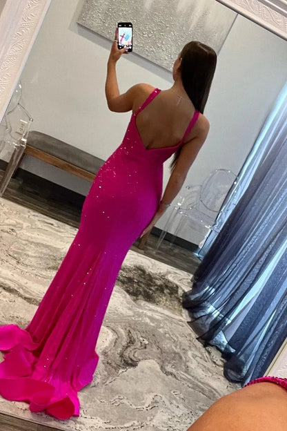 Wholesale Prom Dress Shiny Fuchsia Mermaid Straps Corset Beaded