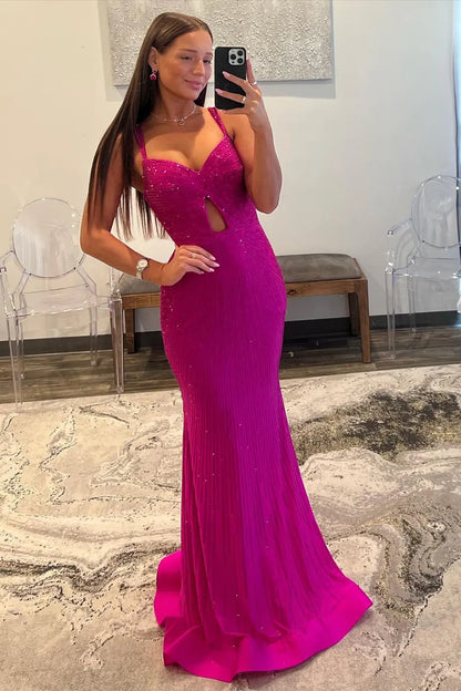 Wholesale Prom Dress Shiny Fuchsia Mermaid Straps Corset Beaded