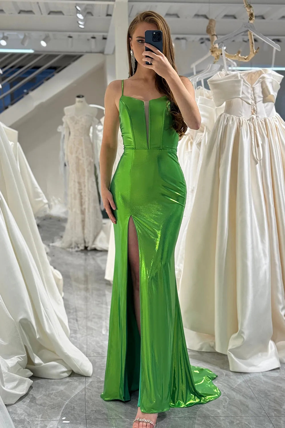 Wholesale Mermaid Spaghetti Straps Metallic Prom Dress With Slit