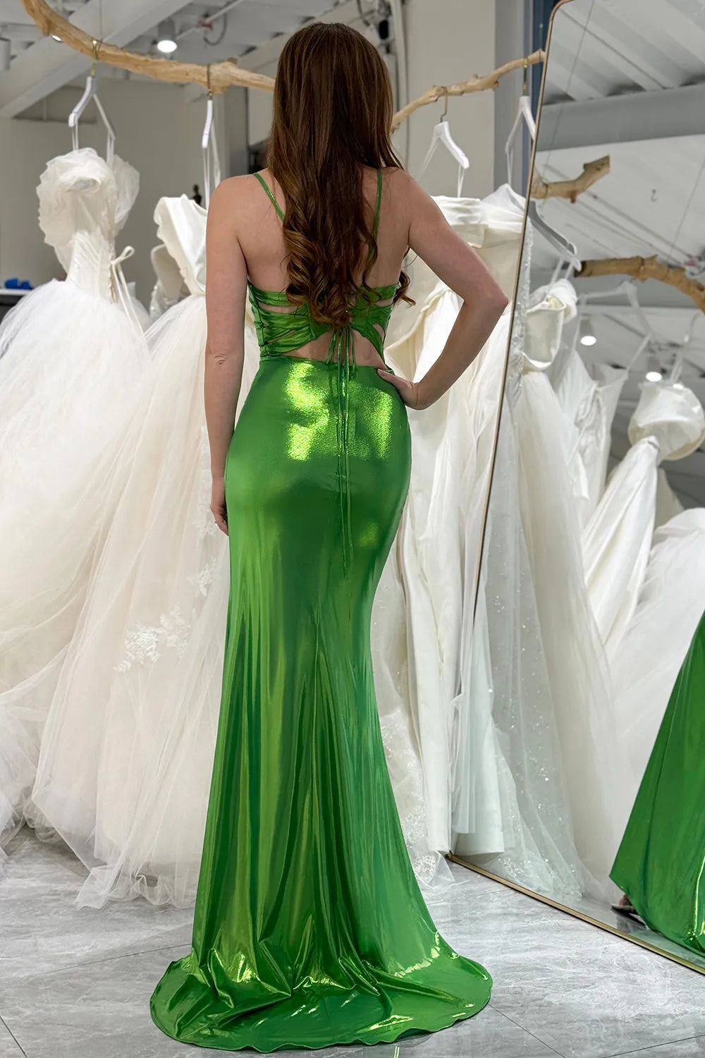 Wholesale Mermaid Spaghetti Straps Metallic Prom Dress With Slit