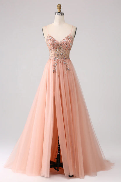 Wholesale A-Line Evening Dress Spaghetti Straps Beaded Long Prom Dress With Slit Sparkly Blush