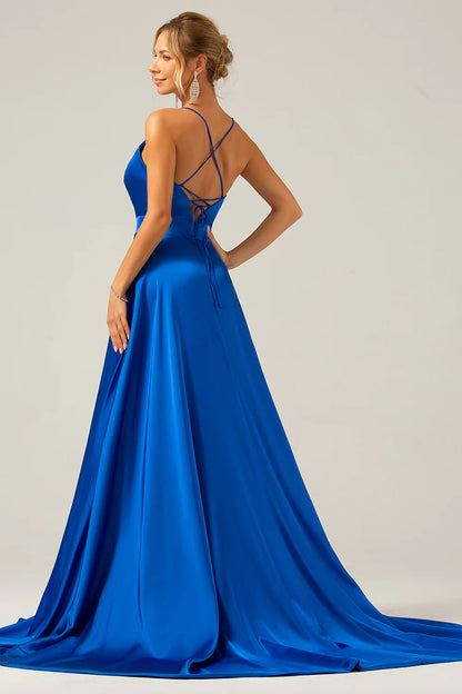 Wholesale A Line Prom Dresses V Neck Pleated Satin Maxi Dress with Slit Royal Blue