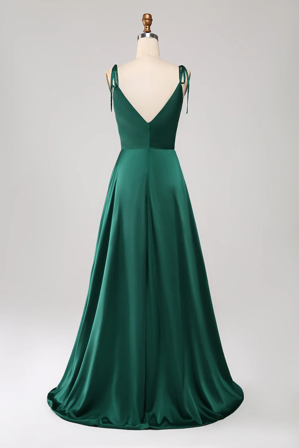 Wholesale A-Line Spaghetti Straps Pleated Satin Long Dark Green Maxi Dress With Slit