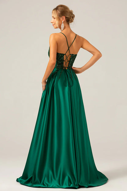 Wholesale A-Line Evening Dress Spaghetti Straps Sequin Long Prom Dress Sparkly Dark Green