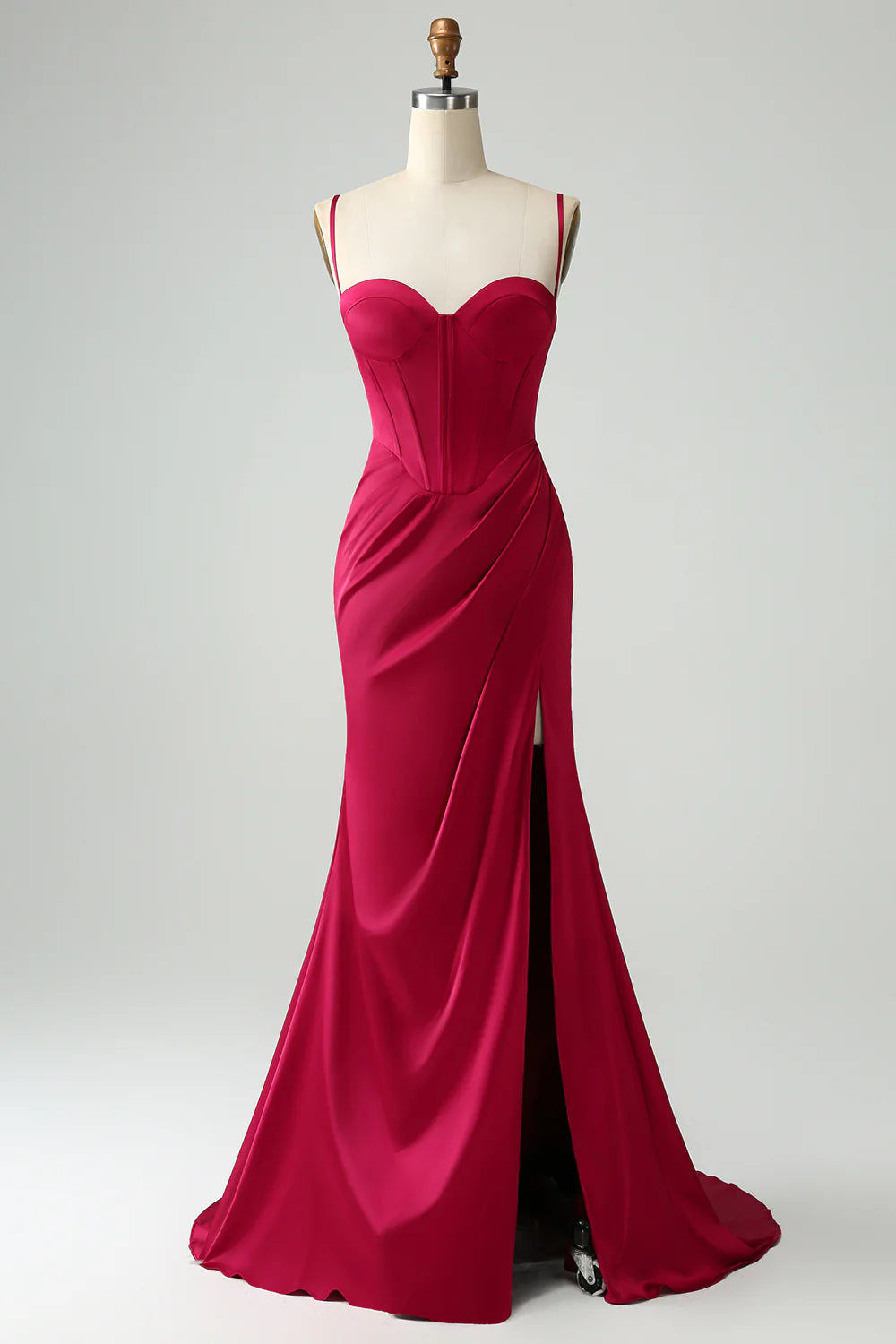 Wholesale Burgundy Mermaid Evening Dress Spaghetti Straps Pleated Prom Dress With Slit