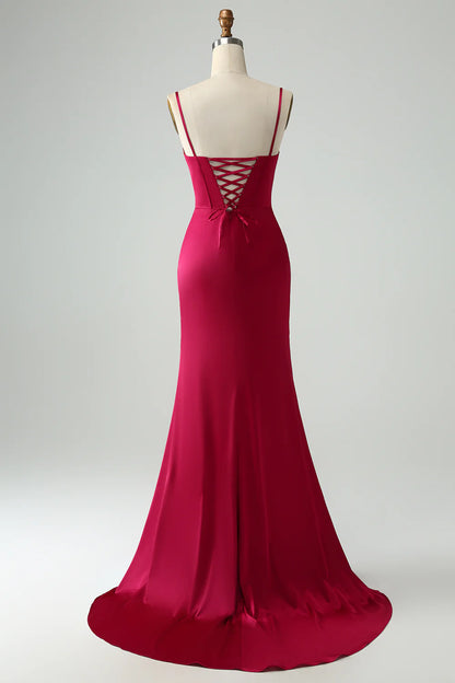 Wholesale Burgundy Mermaid Evening Dress Spaghetti Straps Pleated Prom Dress With Slit