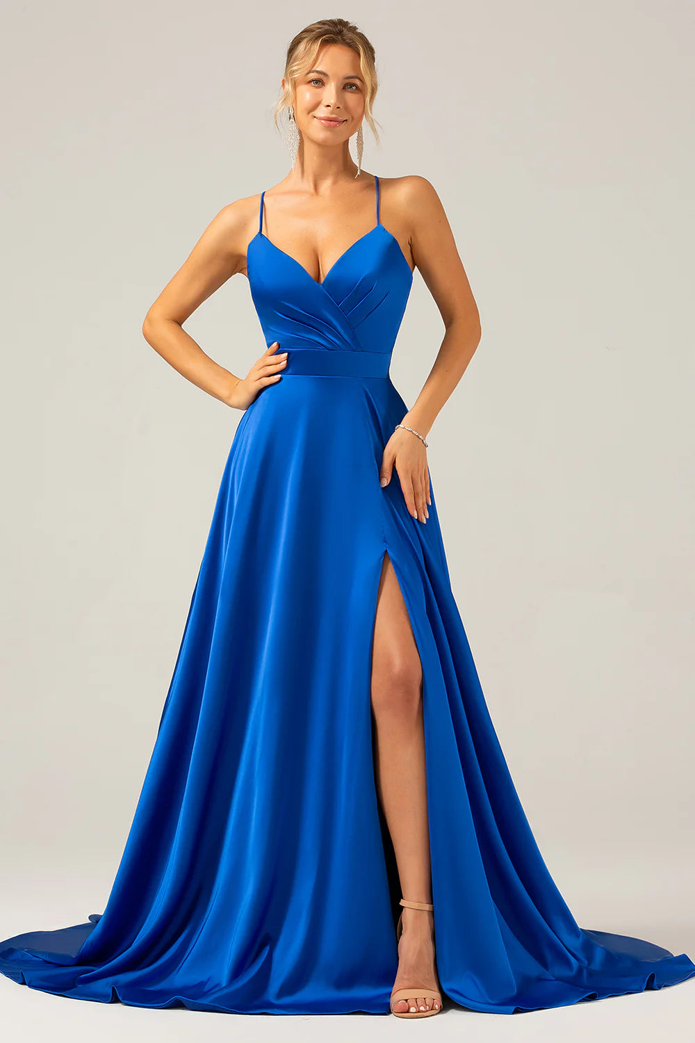 Wholesale A Line Prom Dresses V Neck Pleated Satin Maxi Dress with Slit Royal Blue