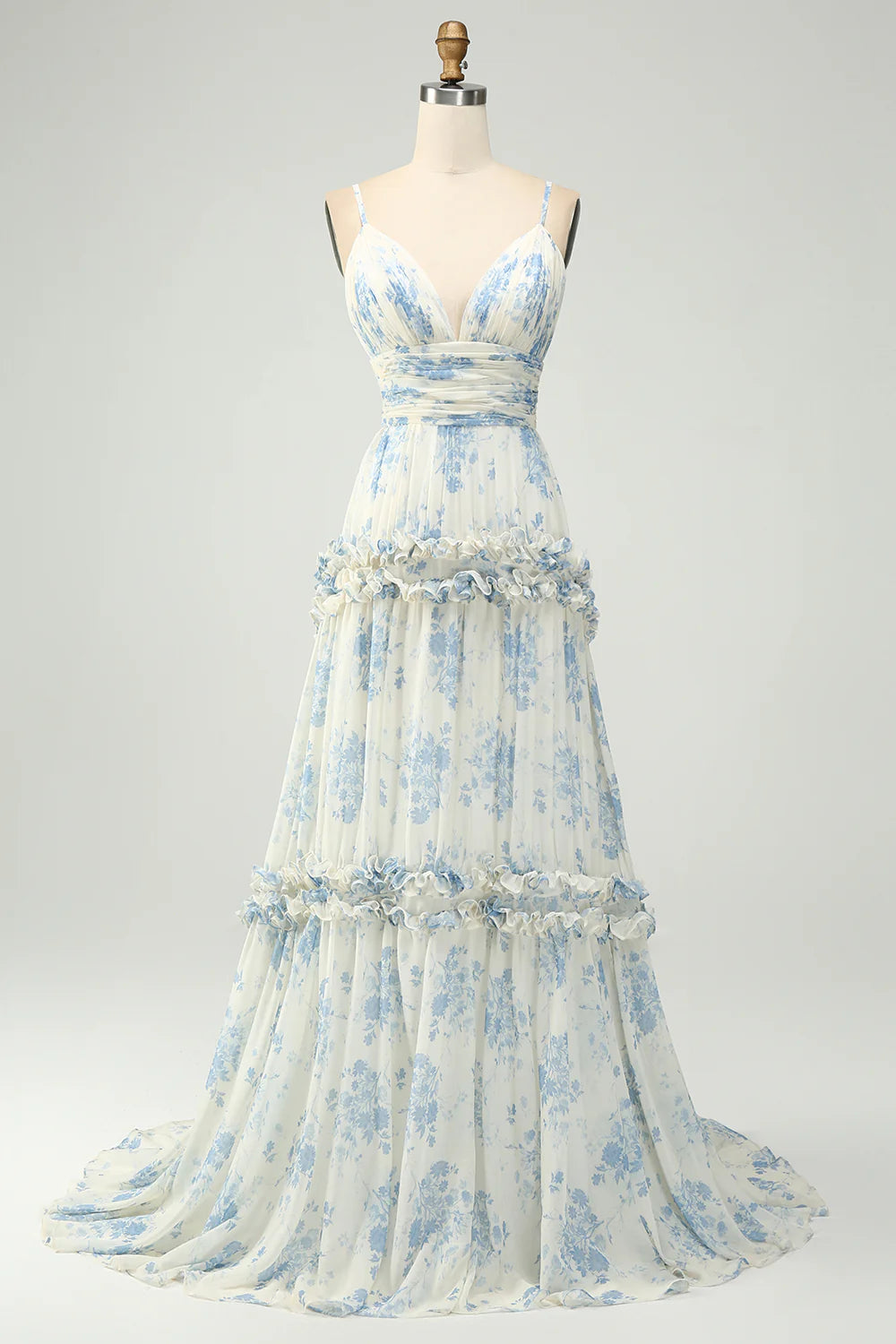 Wholesale A-Line Prom Dresses Spaghetti Straps Pleated White Blue Flower Maxi Dress