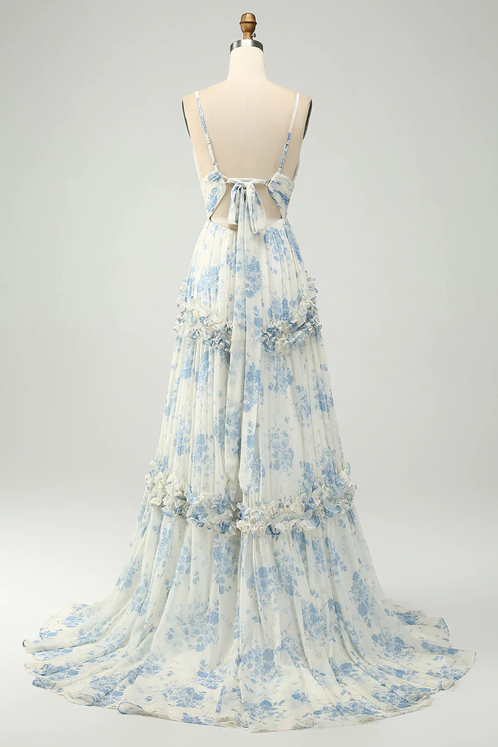 Wholesale A-Line Prom Dresses Spaghetti Straps Pleated White Blue Flower Maxi Dress